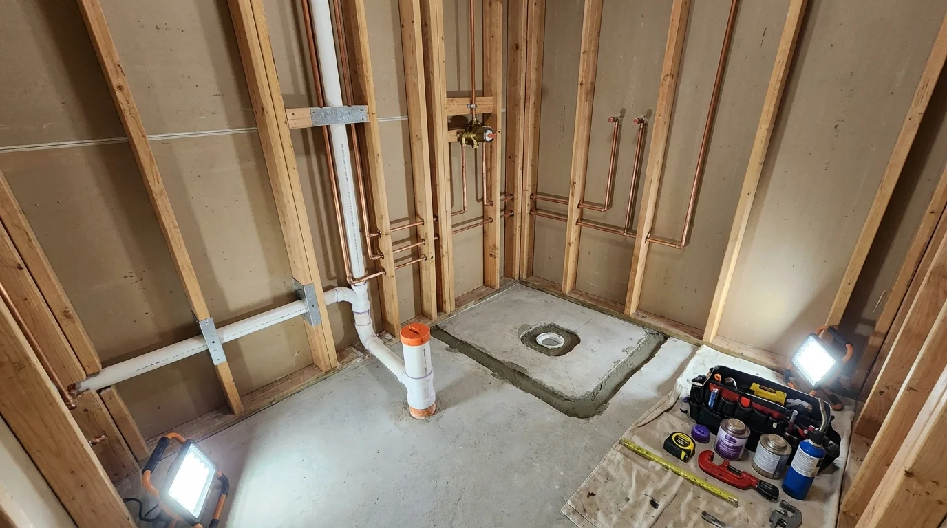 Bathroom rough-in plumbing during remodel by Johns Plumbing LLC in South Bay