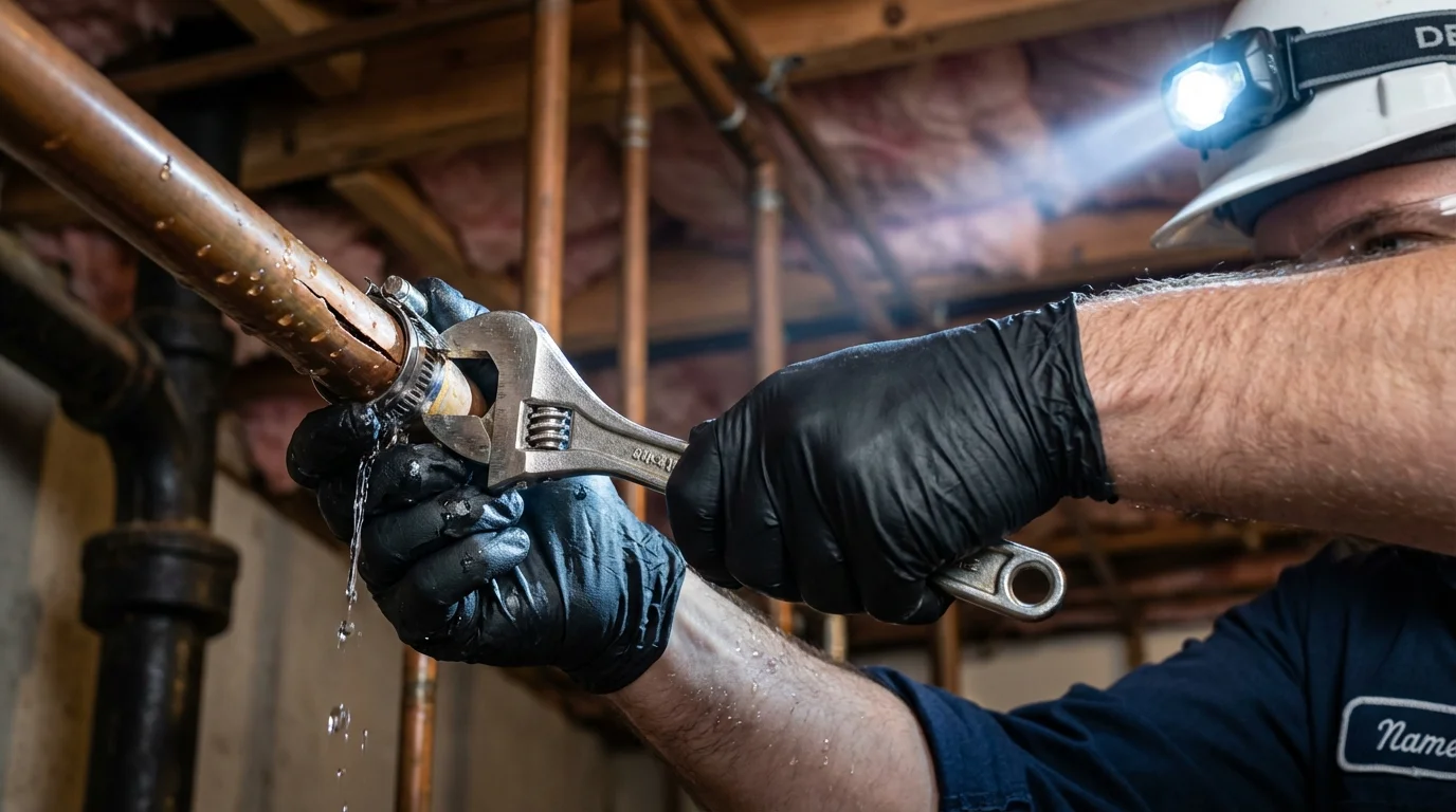 Emergency pipe clamp repair being performed by a Johns Plumbing LLC plumber in South Bay