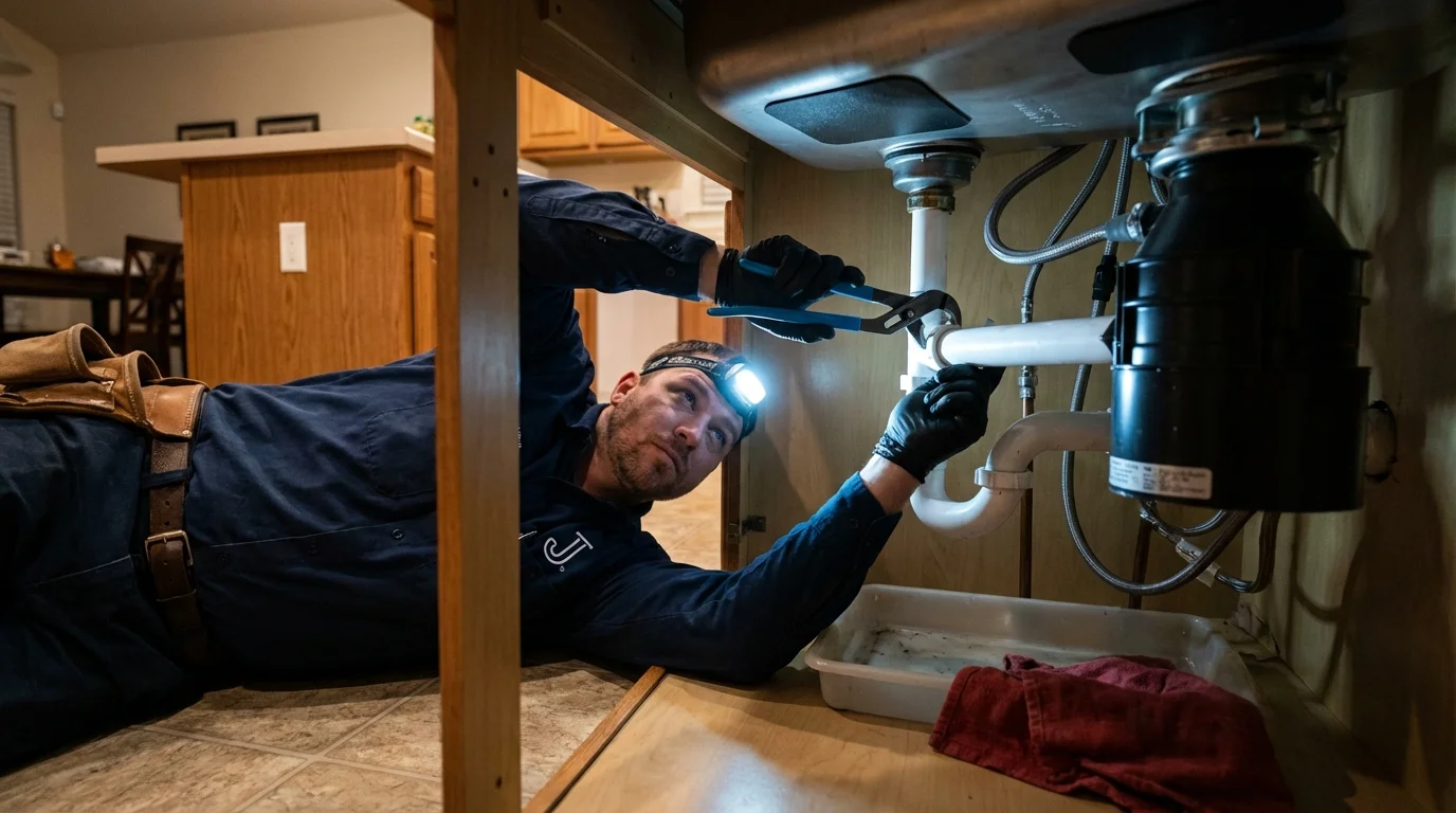 P-trap and supply line connections under a kitchen sink showing a common leak point in South Bay, FL